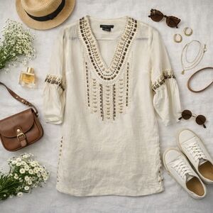 Etcetera NWOT Beige Linen Thin L Sleeve Beaded Embellished Long Shirt. Ladies 4